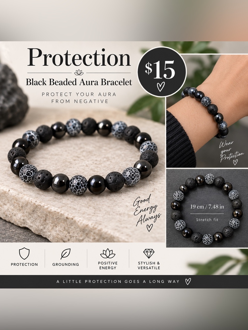 Protection Black Beaded Aura Bracelet